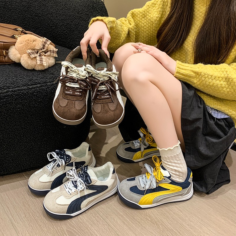 韩版大头双鞋带丑萌面包德训鞋女2025年秋季新款真皮厚底休闲板鞋