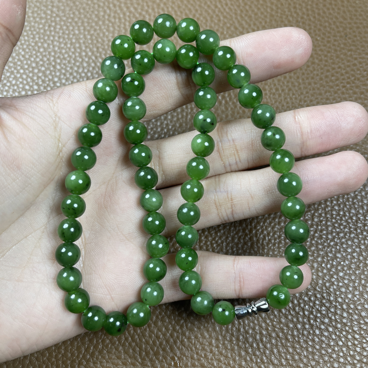 和田玉 碧玉菠菜绿圆珠妈妈链女神链气质百搭男女款
