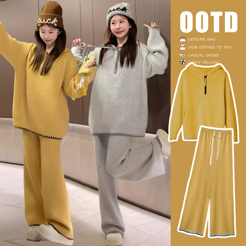 【优质款】洋气时髦孕妇装毛衣套装秋冬新款连帽外套+阔腿裤两件套