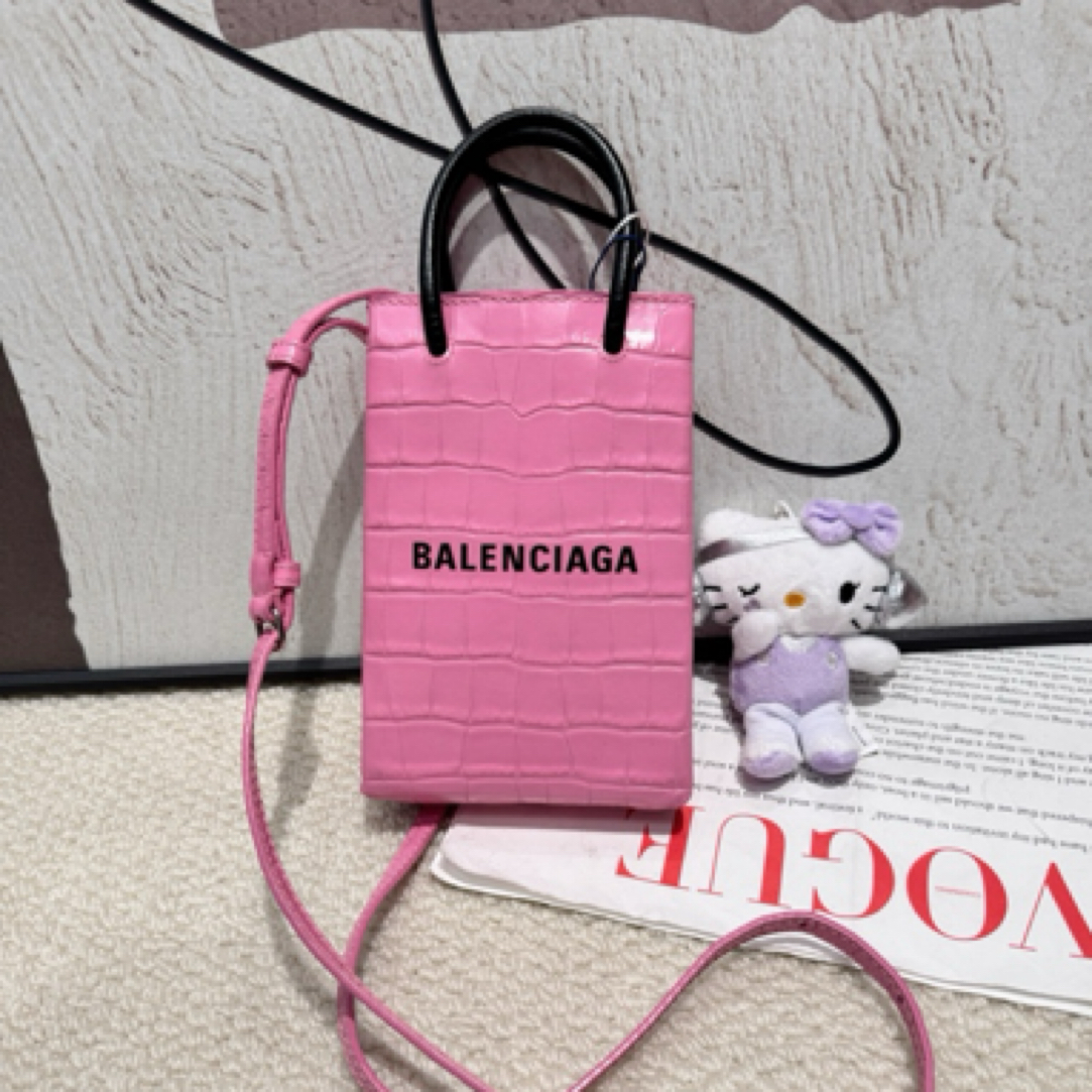 99新 Balenciaga/巴黎世家 糖果粉色鳄压牛皮mini tote琴谱手机包