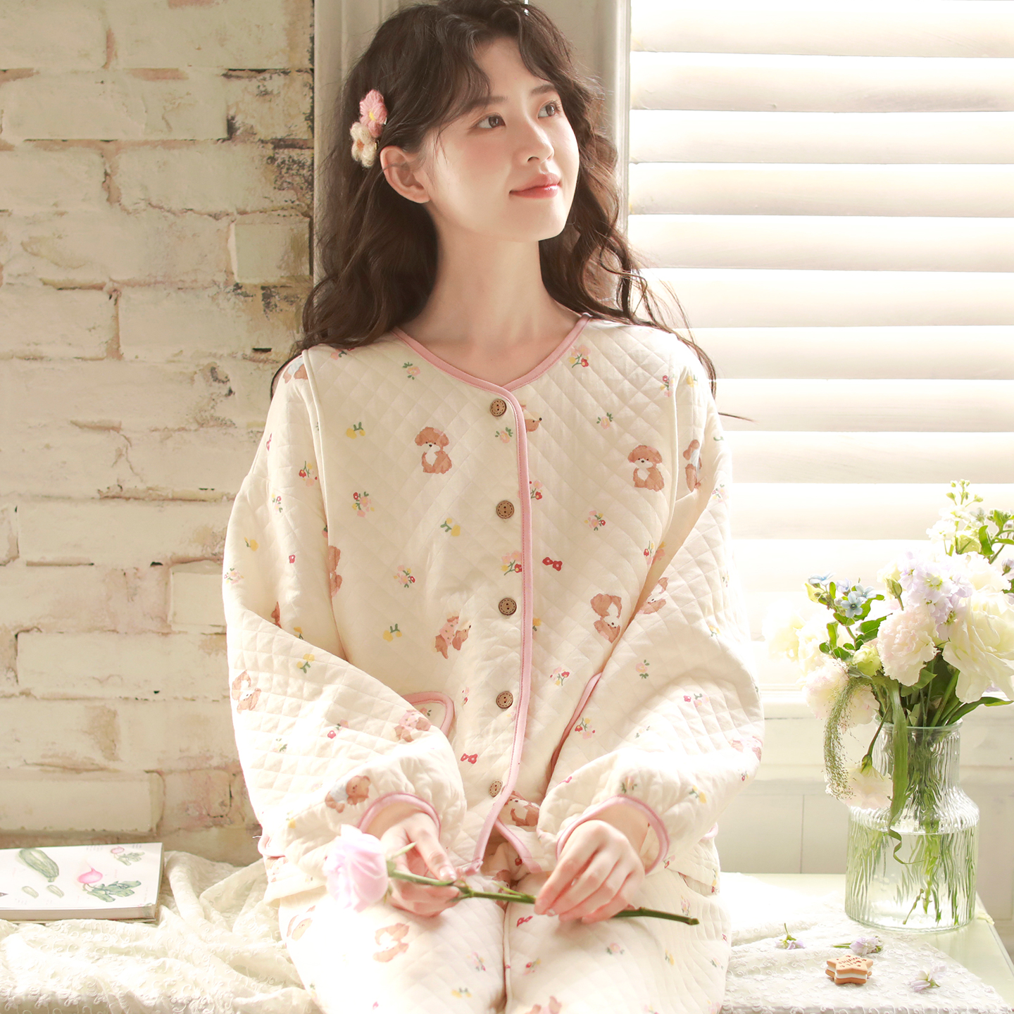 『碎花小狗』富朵秋冬空气棉月子服产妇哺乳保暖睡衣孕妇夹棉家居服