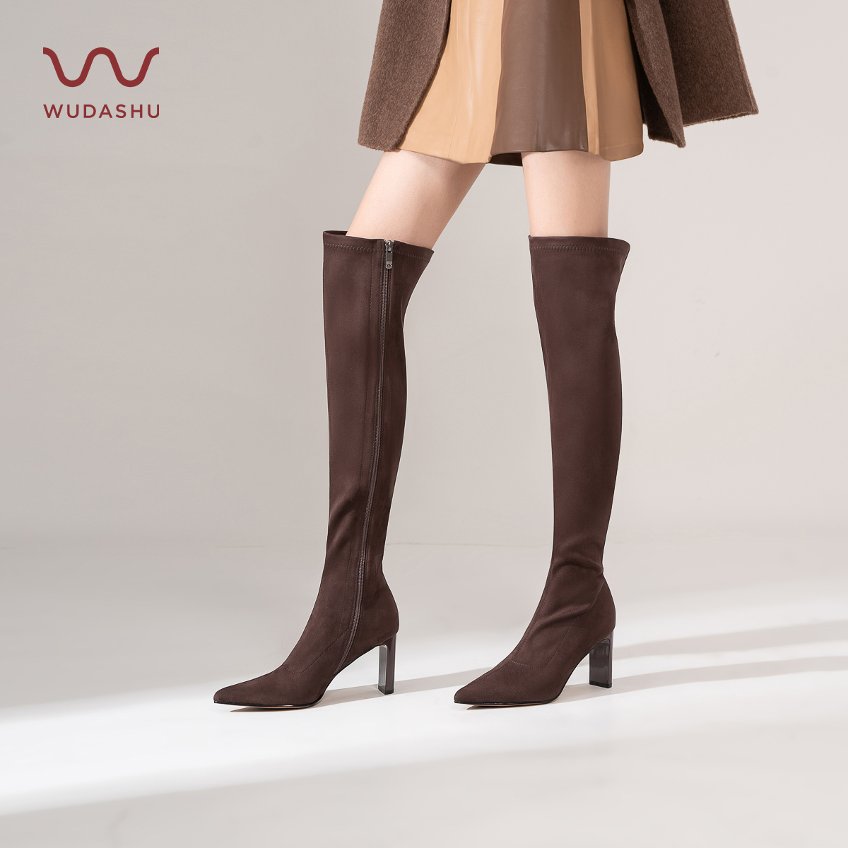 吴大叔过膝高跟秋季耐磨尖头长筒弹力靴版磨砂皮欧美风TF132049