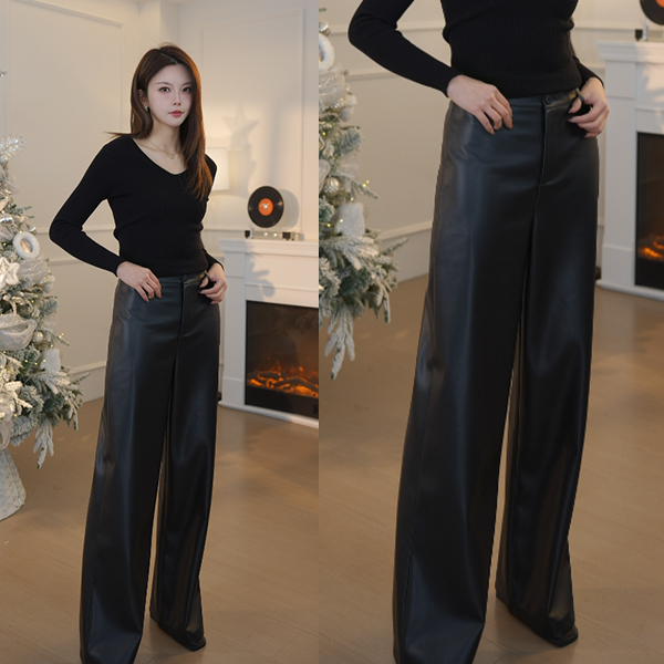 法式复古直筒宽松皮裤女冬季新款小个子PU皮高腰显瘦阔腿裤子