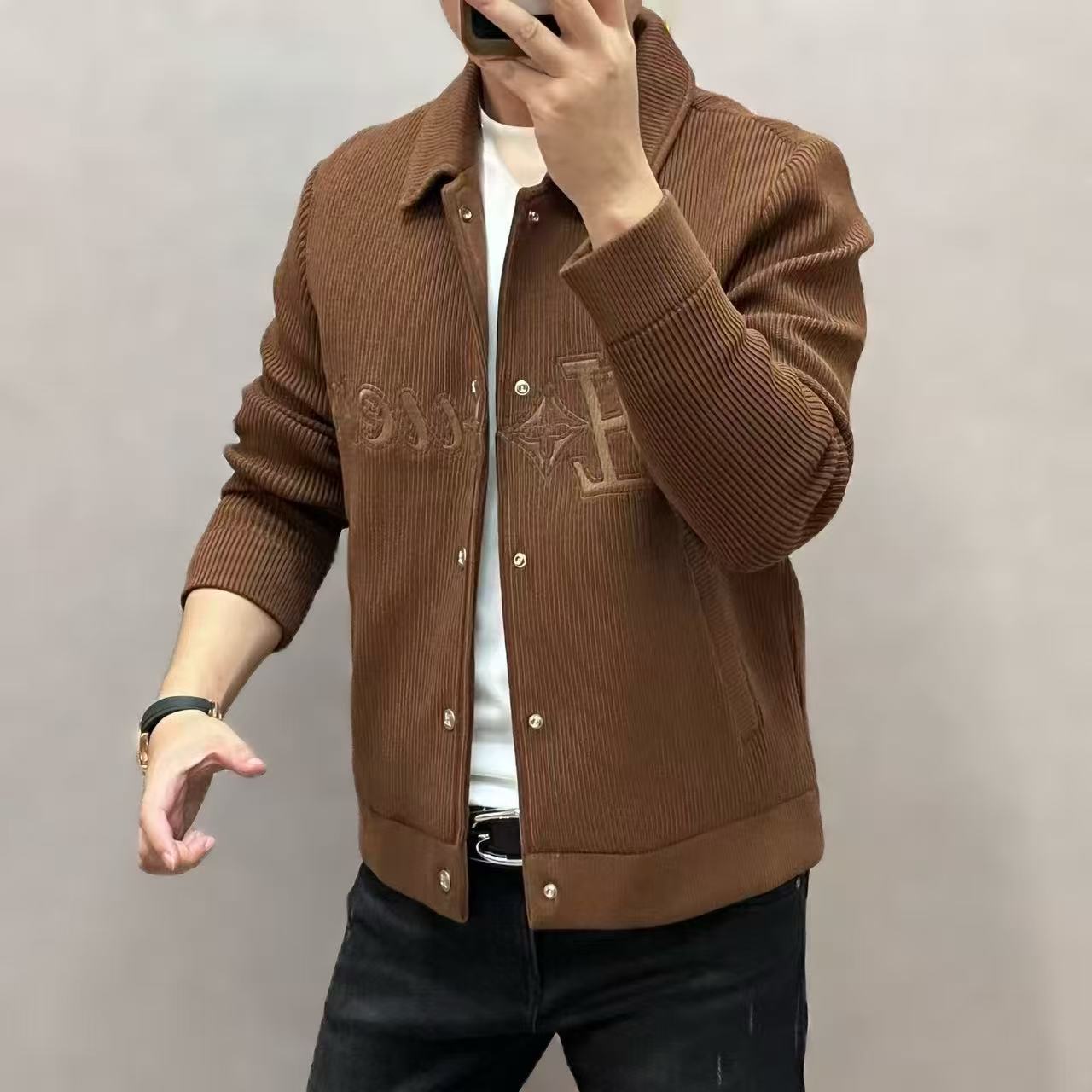 新款高端男士纯色翻领长袖针织夹克外套678