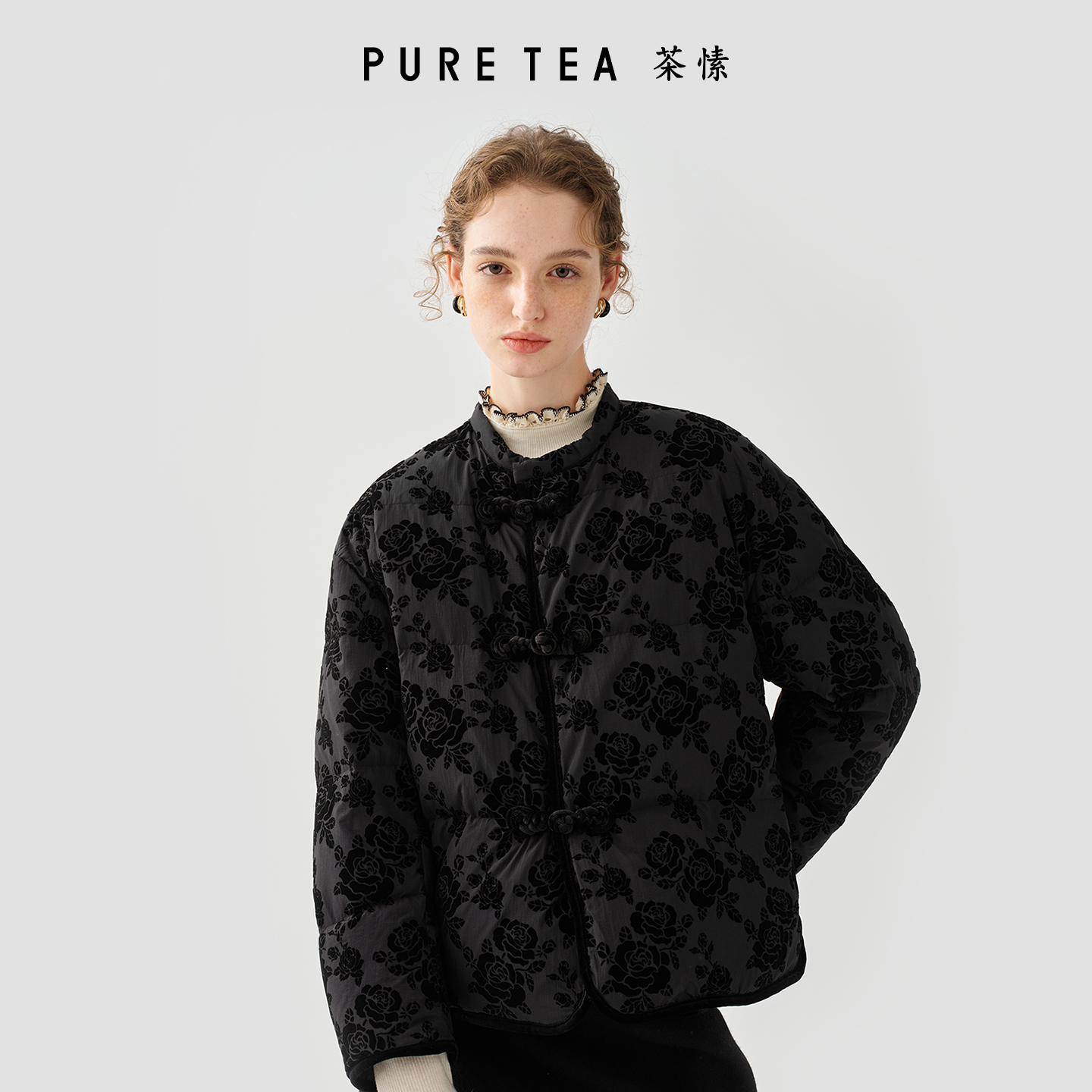 【剪影玫瑰】茶愫90%鸭绒复古典雅琵琶扣羽绒服2025秋冬新KF0501D41