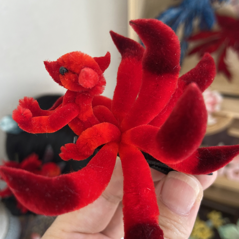 非遗绒花九尾狐发夹发饰手工制作