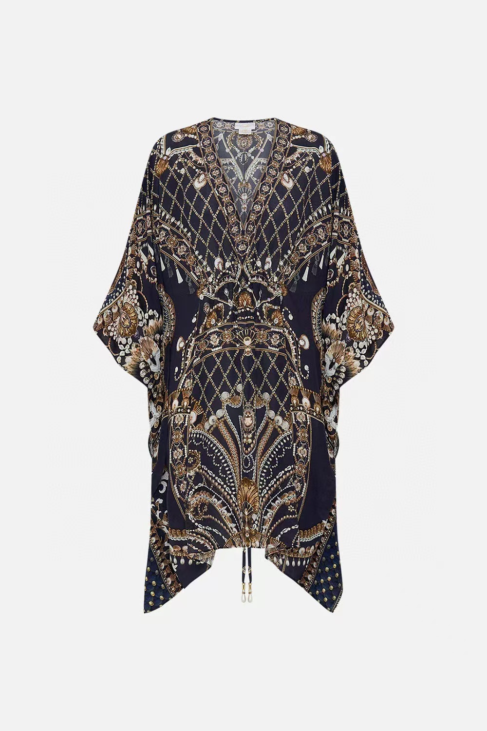 夏墨蓝色渐变印花V领蝙蝠袖绑带收腰真丝连衣长裙B1145