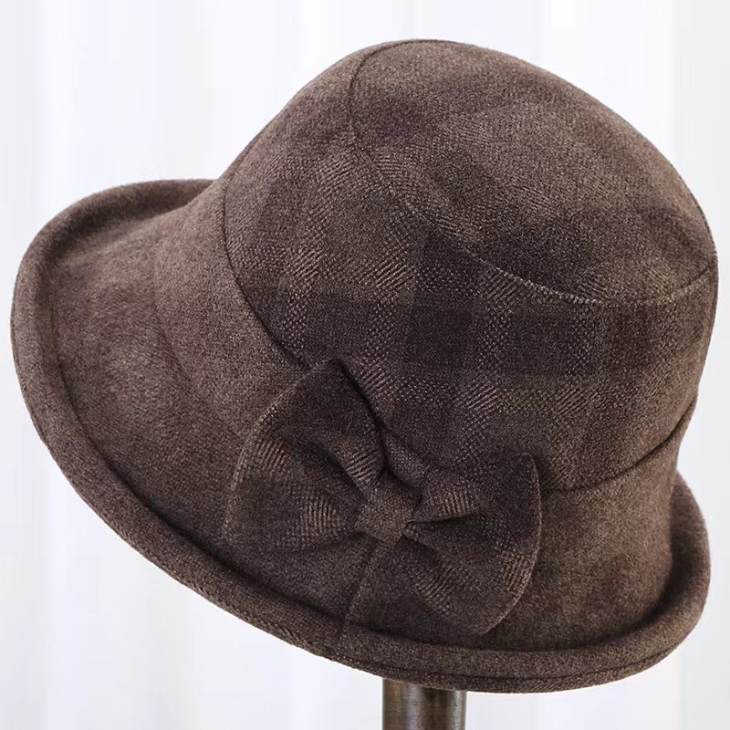 中老年妈妈蝴蝶结渔夫帽盆帽女士毛呢百搭保暖奶奶优雅帽子