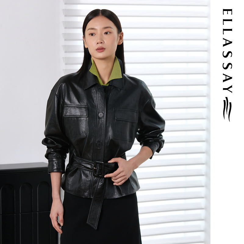 ELLASSAY歌力思2025秋季新款羊皮革廓形收腰皮衣女EWE363X00300