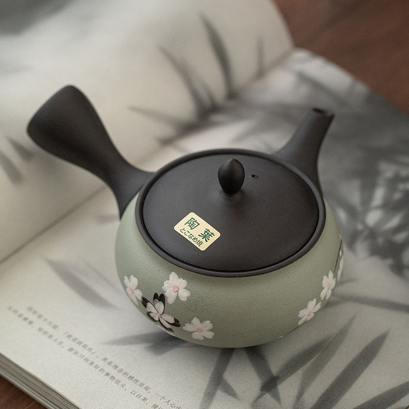 同合日本进口常滑烧陶叶作黑泥平丸樱花侧把急须手作功夫茶泡茶壶