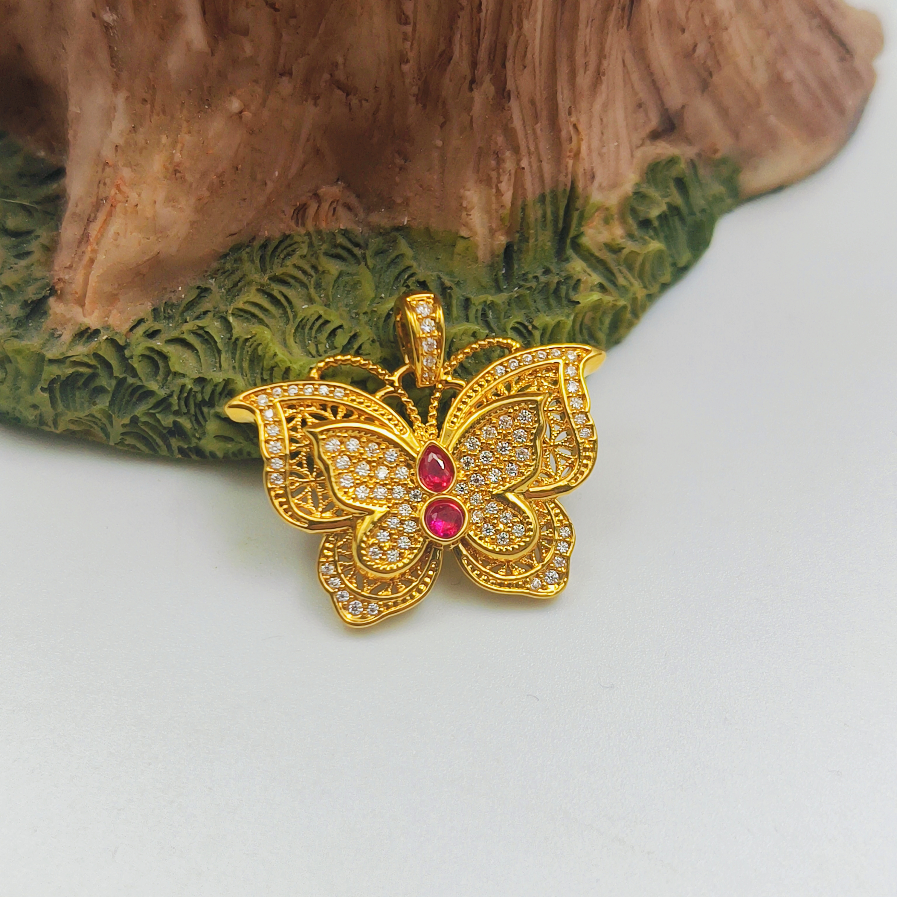 足金999 镶嵌玲珑花丝蝴蝶吊坠 5D工艺黄金A1