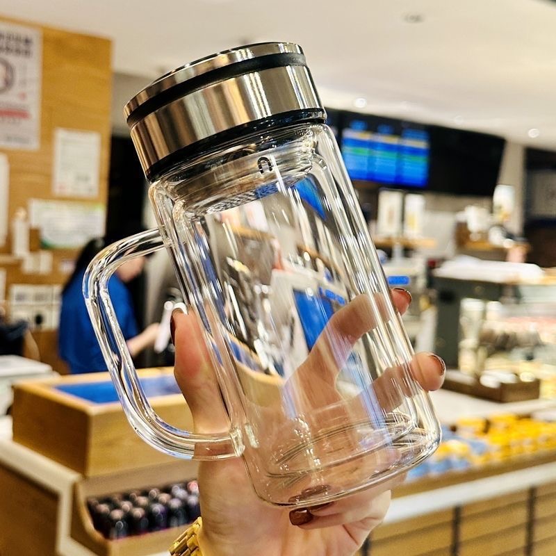 双层玻璃杯子带把手柄办公杯商务透明高硼硅茶杯礼品定制印字logo