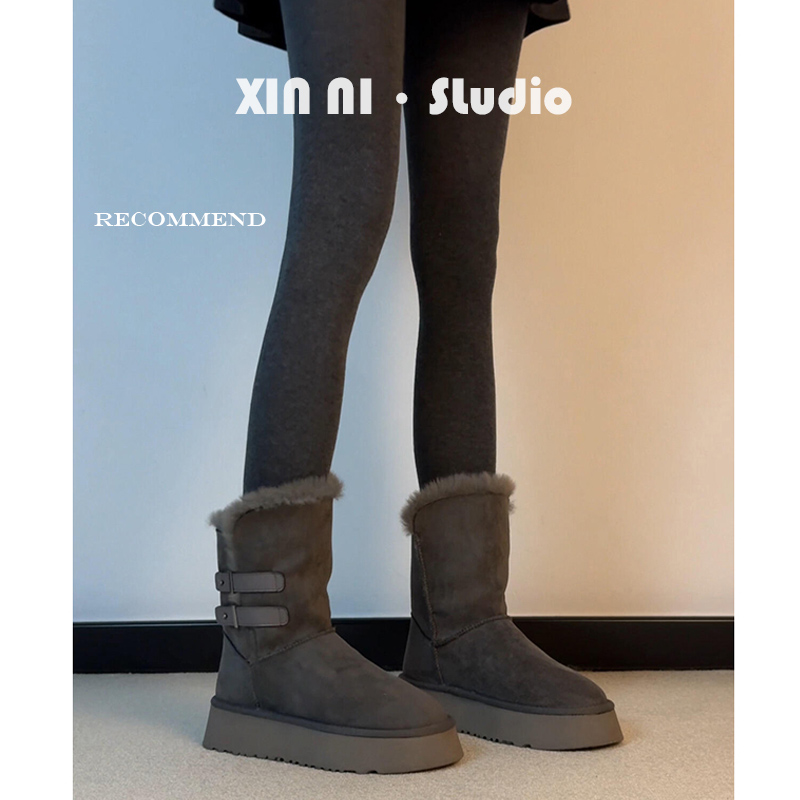 新款厚底短筒雪地靴女冬季皮带扣皮毛一体保暖增高加绒东北棉鞋靴