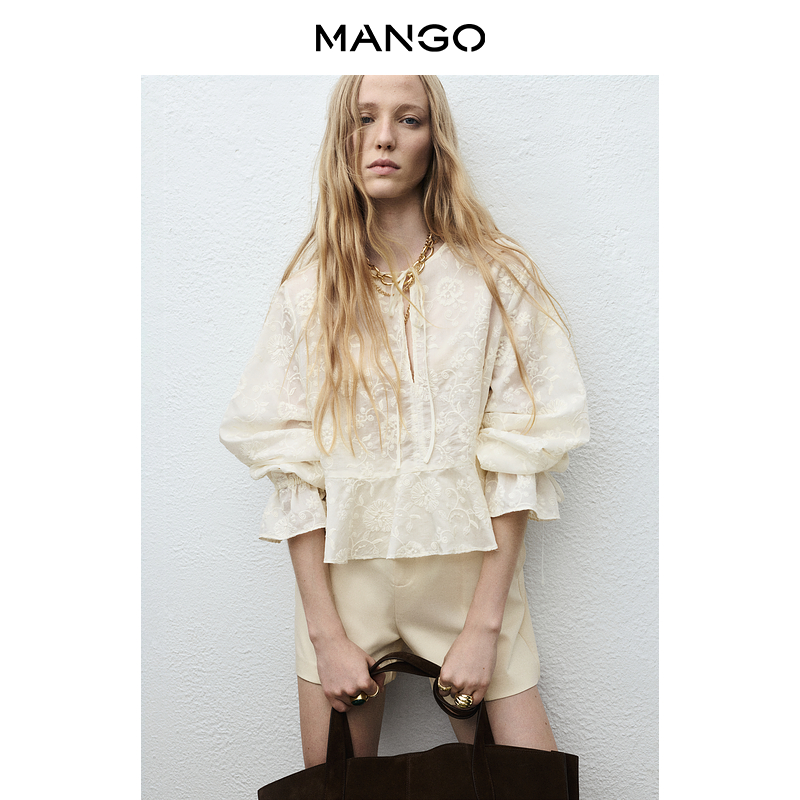 MANGO女装衬衫2025秋装新款透气莱赛尔荷叶边法式刺绣宽松小上衣