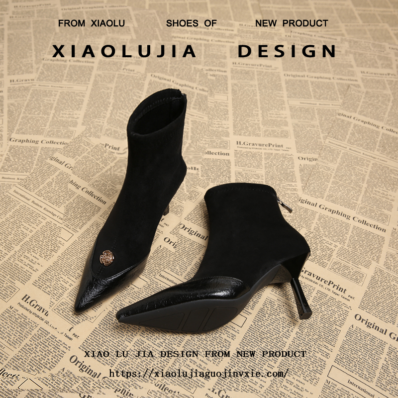 法式小众设计感拼接时装靴绒面春秋季气质尖头显瘦短靴金属扣单靴