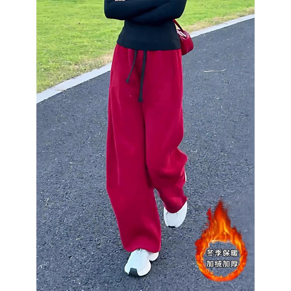 范哲萨秋冬加绒加厚红色阔腿裤女2025新款松紧腰网红洋气炸街女装