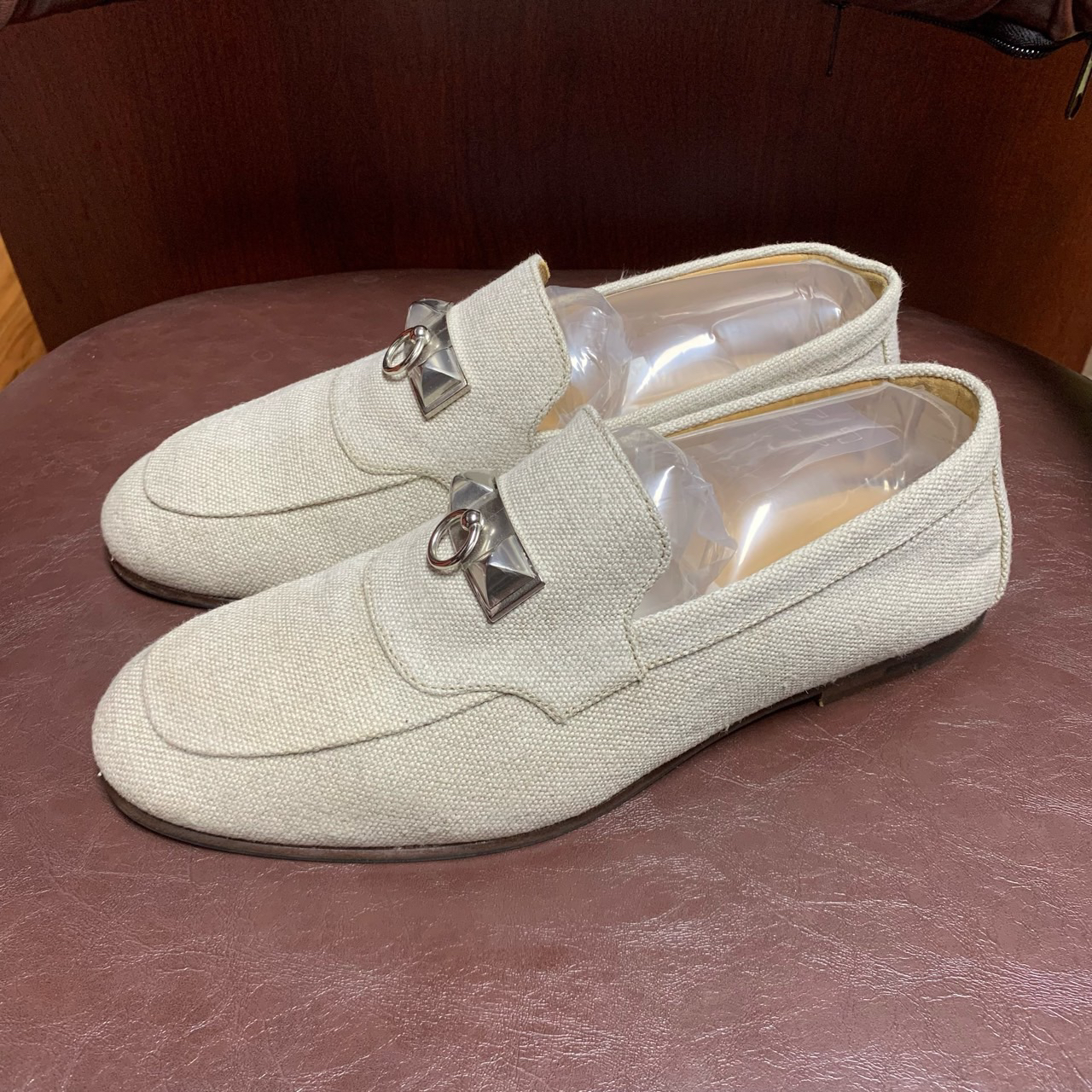 99新  鞋 Hermès 平跟鞋 米色 亚麻帆布 40码 成色很新