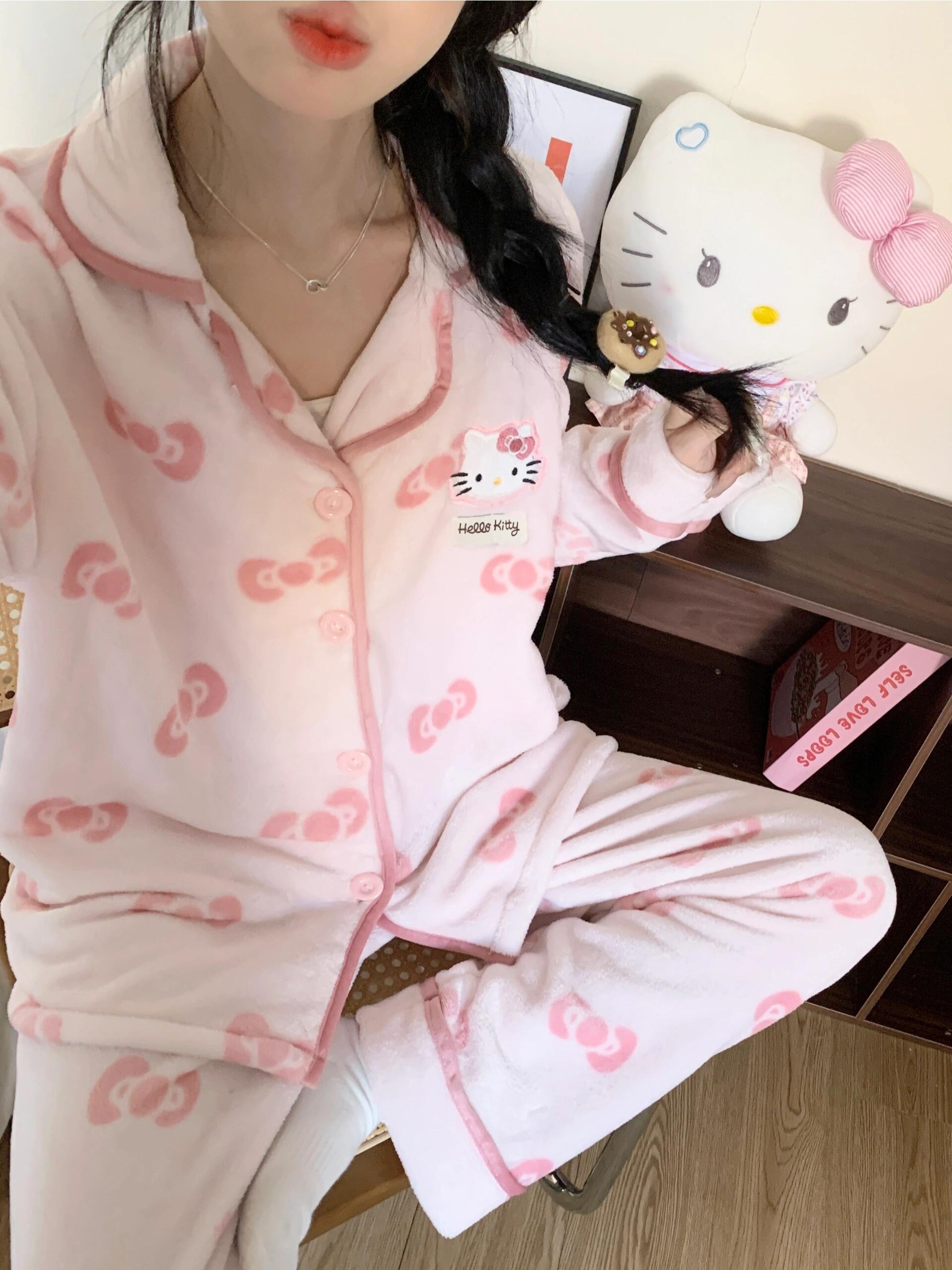 睡衣女秋冬款珊瑚绒加绒保暖法兰绒开衫甜美家居服套装