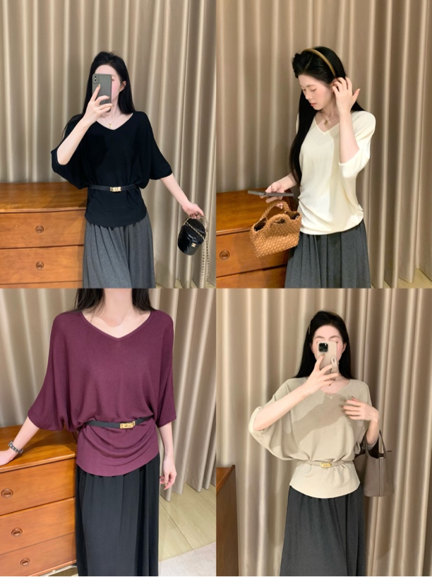 （6663）新品实拍高品质v领韩版显瘦配腰带短袖上衣