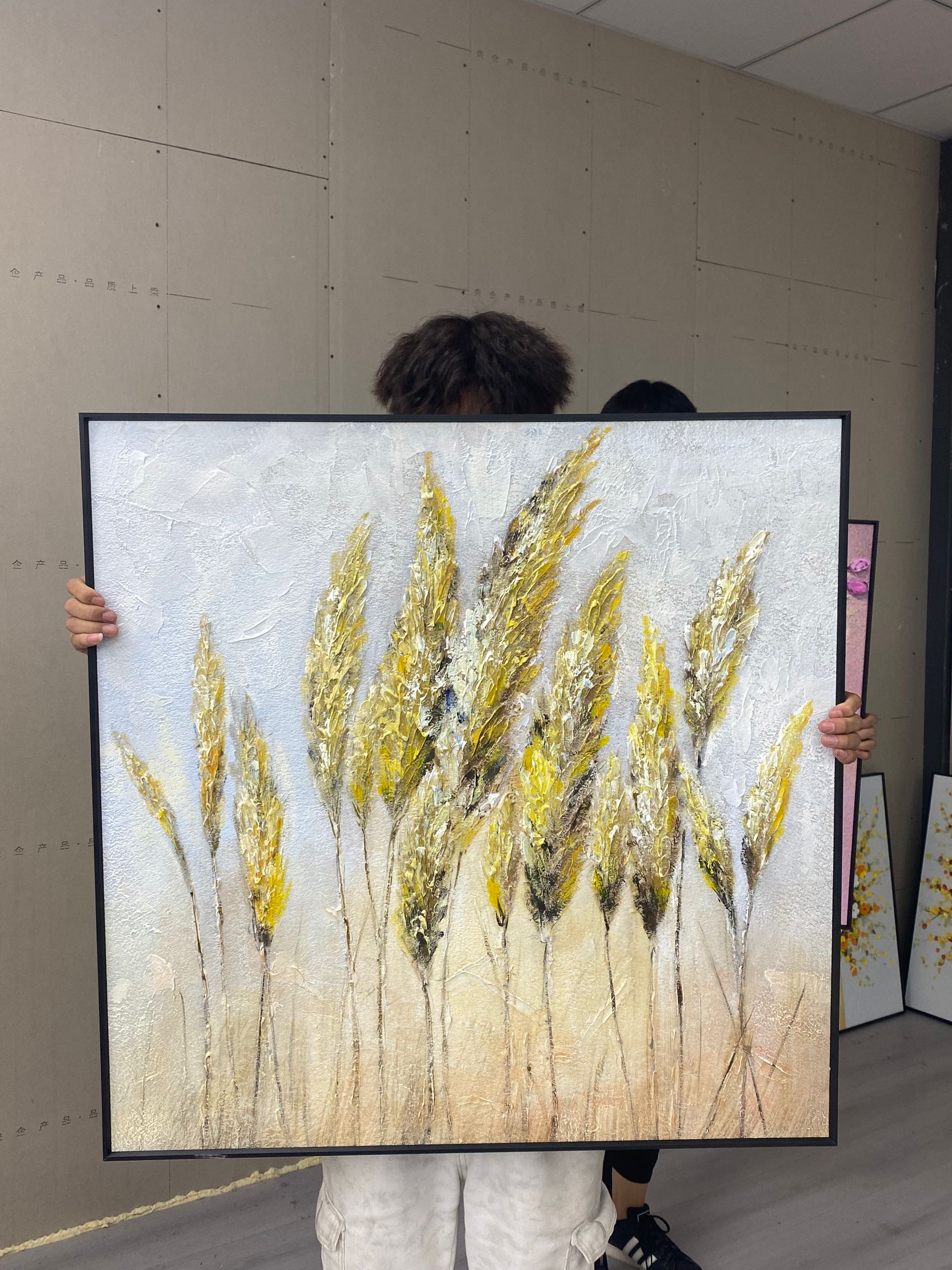 手绘油画金箔芦苇玄关装饰画现代轻奢客厅背景墙餐厅挂画M12
