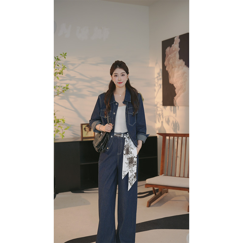 【十一专属】Liixu复古牛仔套装洋气短外套阔腿裤气质套装24TZ098