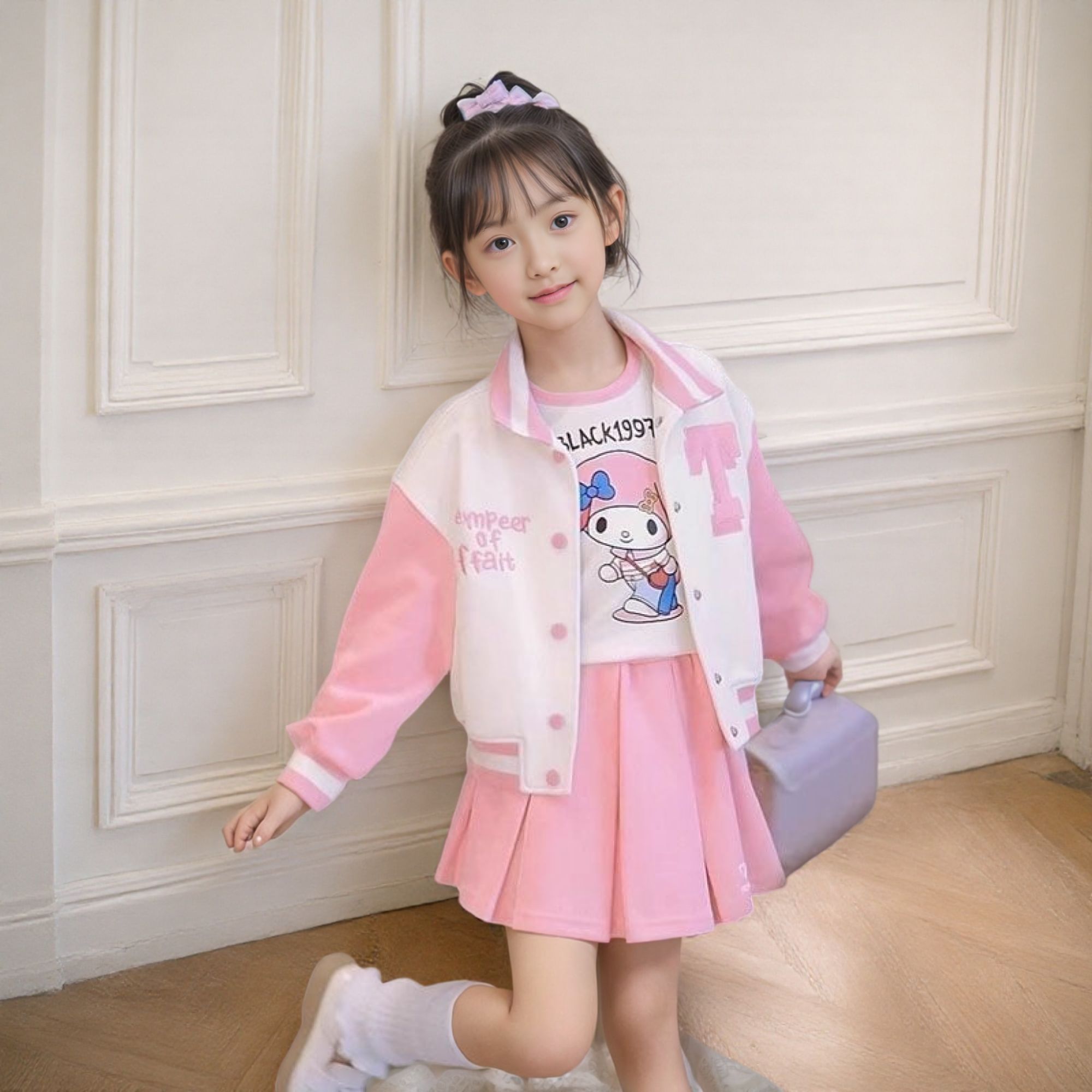 女童秋装套装新款儿童休闲美乐蒂棒球服外套小女孩百褶裙三件套潮