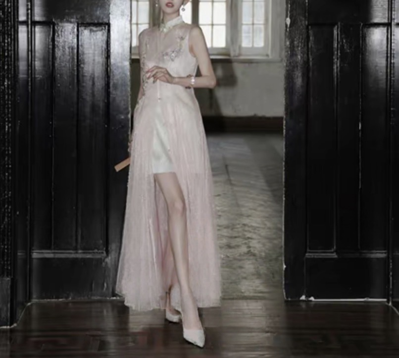 【胭脂玉露】国风提花旗袍连衣裙+柔光珠片绣开衫 套装