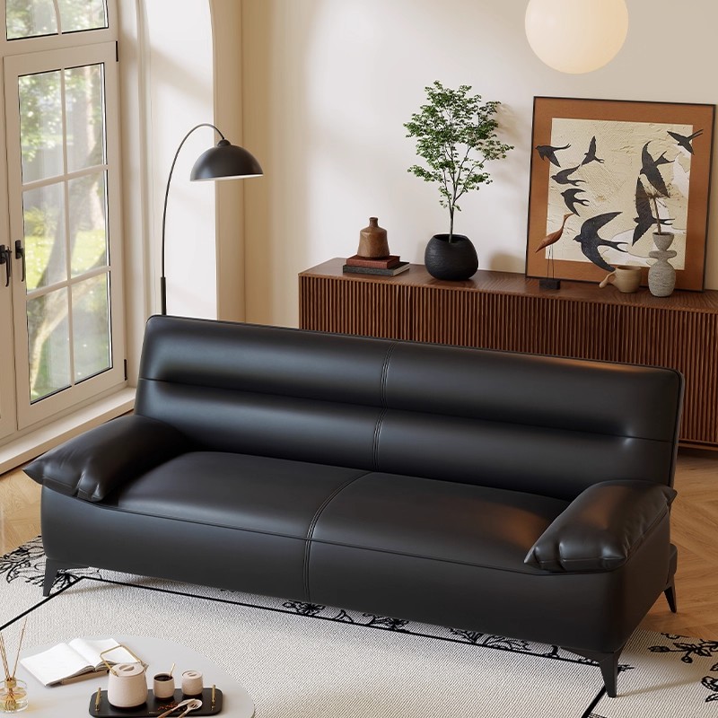 中古风美学生态真皮小户型沙发客厅卧室公寓直排黑色单双人小沙发