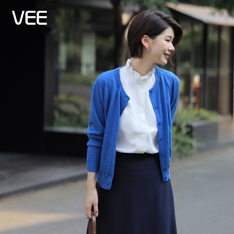 VEE【起风了】25秋克莱因蓝修身圆领针织开衫外套经典款羊毛混纺