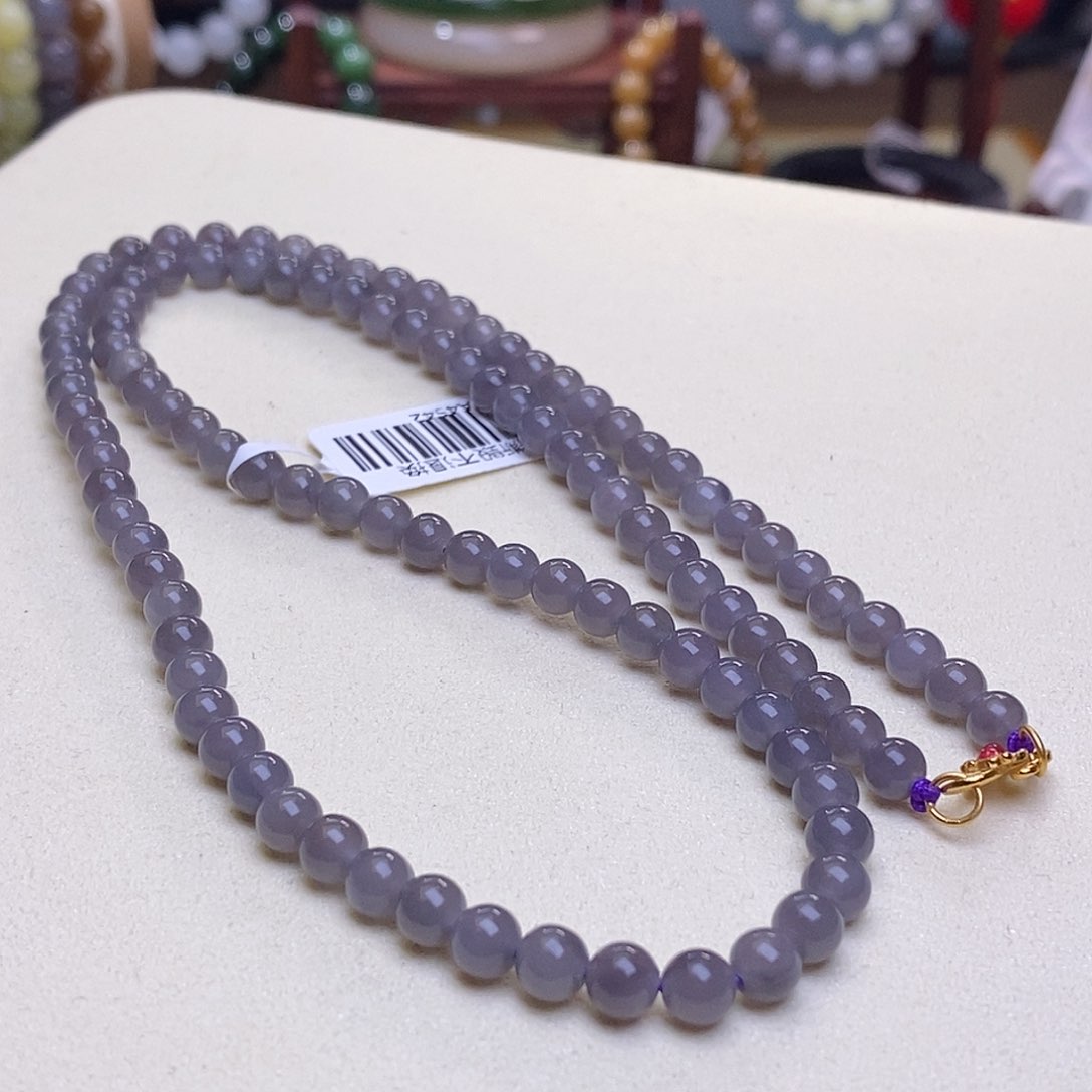 和田玉未镶嵌收藏级烟紫高冰老矿料浓紫圆珠珠链5.7m