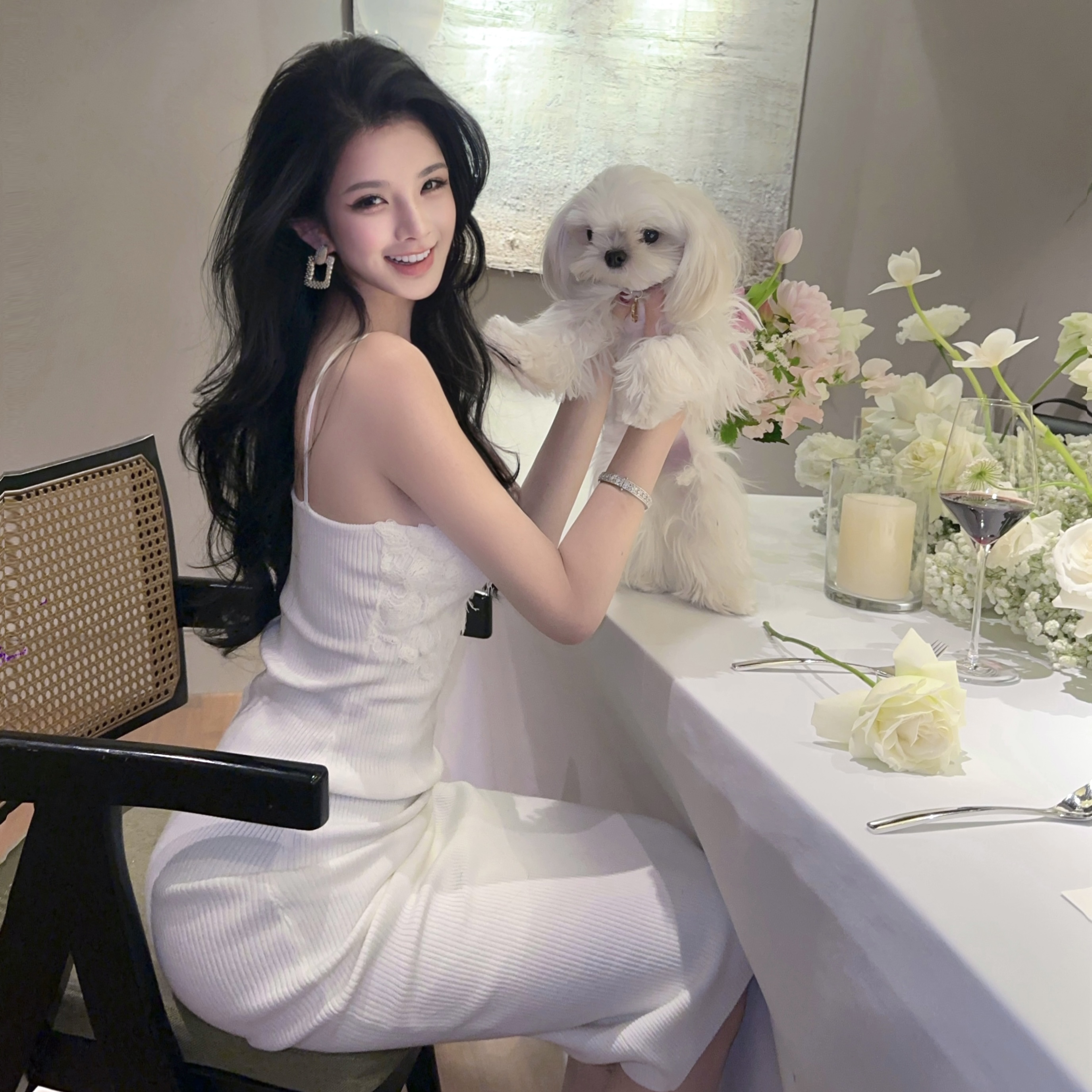 夏媛原创 美好人生 针织花边生日派对下午茶年会战袍系列连衣裙