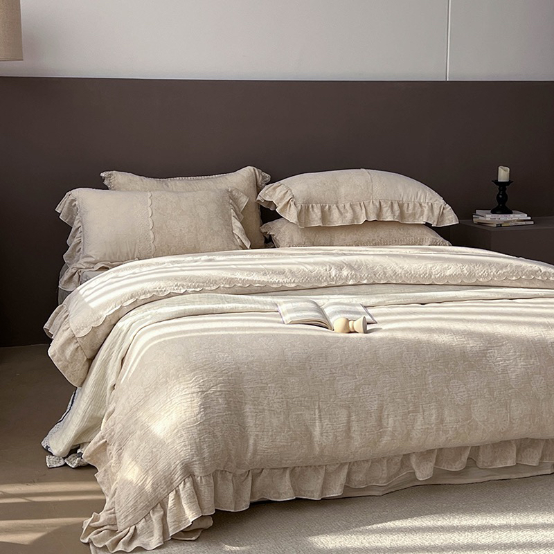 织麻屋新款棉麻色织提花双层纱四件套（镂空花边款）床上用品被套