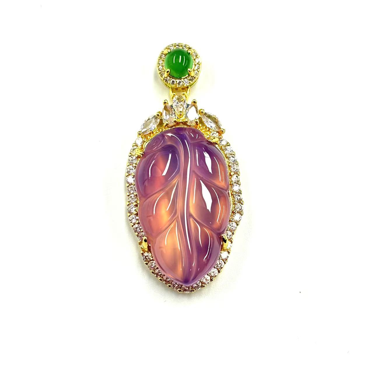 【符老板】y2531-国风设计款冰花芙蓉玛瑙叶子吊坠-赠礼盒-赠链