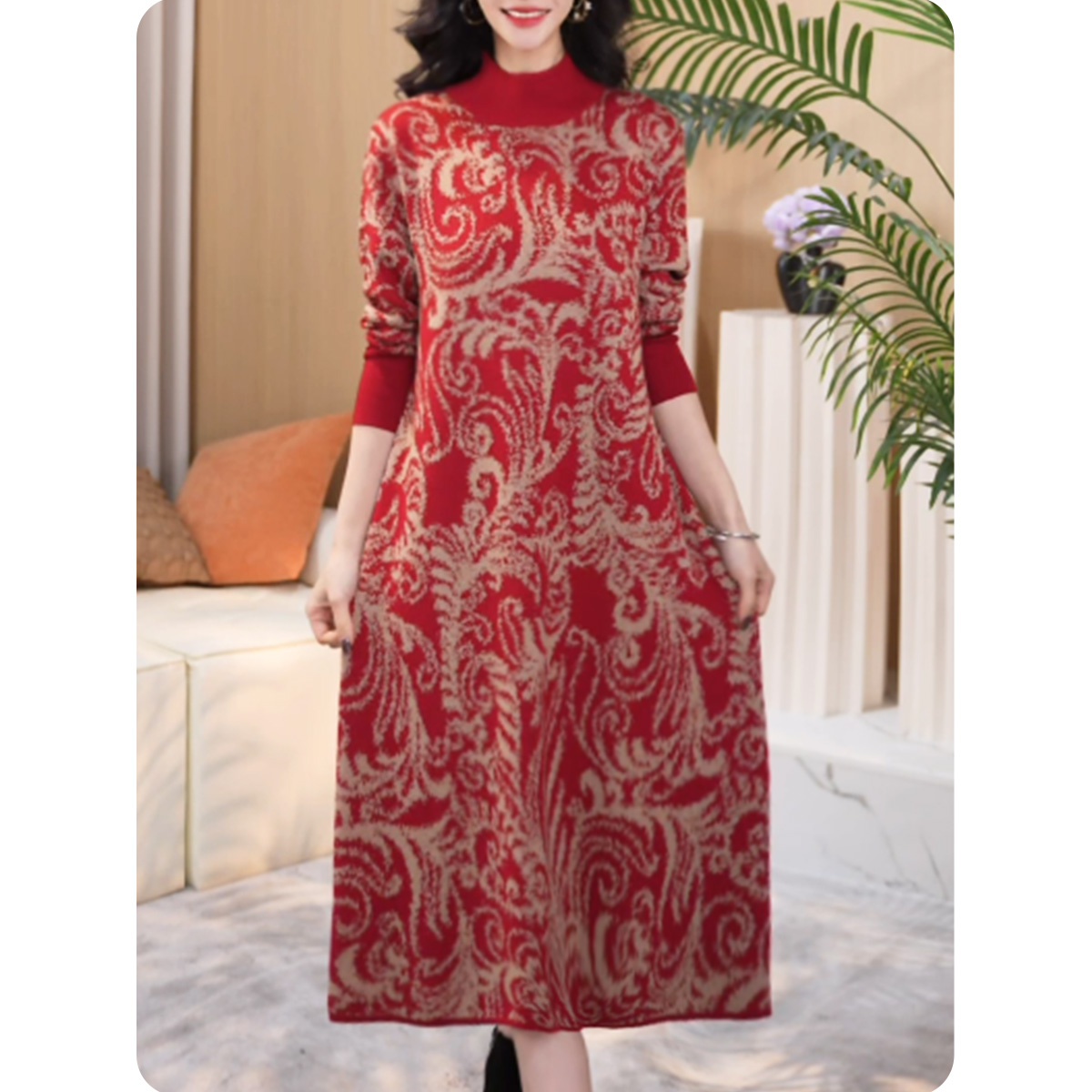 |娟叶|新款女士宽松连衣裙中长款毛衣裙气质休闲女装4ZL01CZ222