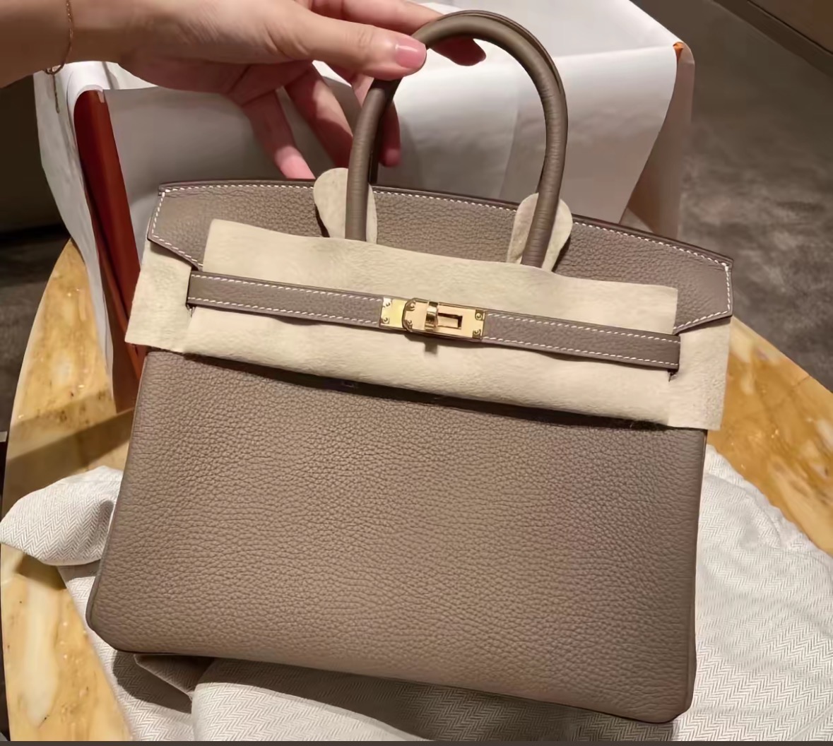 【飒小姐专属】大象灰经典真皮女包灰色牛皮手掌kelly奶茶