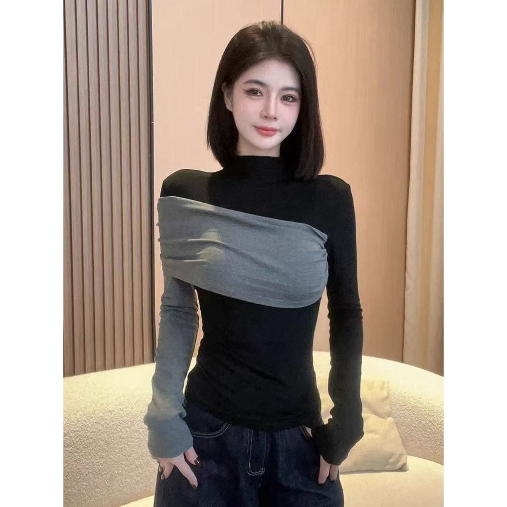 【店铺热销】半高领设计撞色拼接打底衫女秋冬季气质修身内搭长袖T