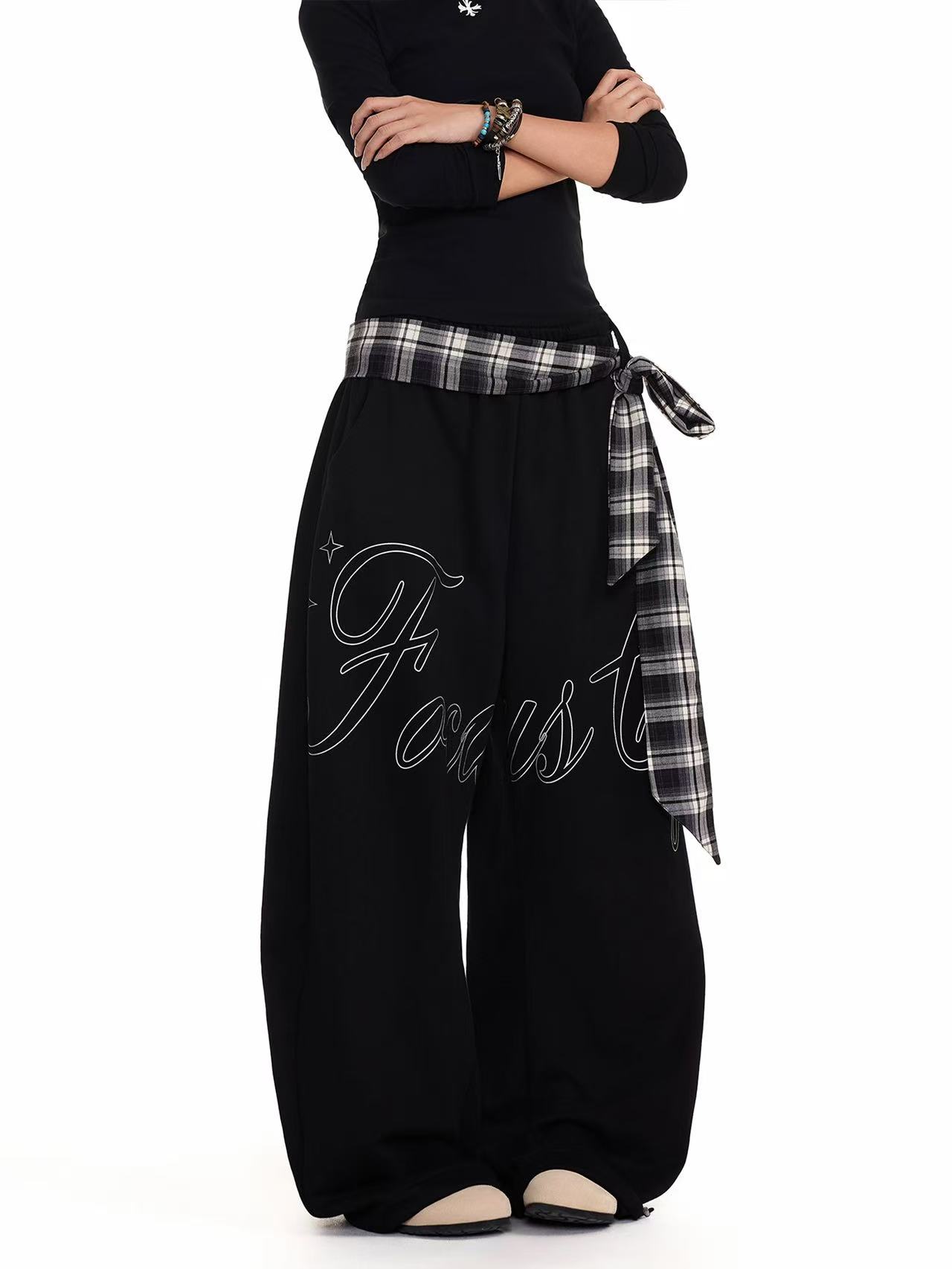 美式慵懒字母印花格子绑带休闲裤男女宽松复古休闲百搭爵士舞裤子