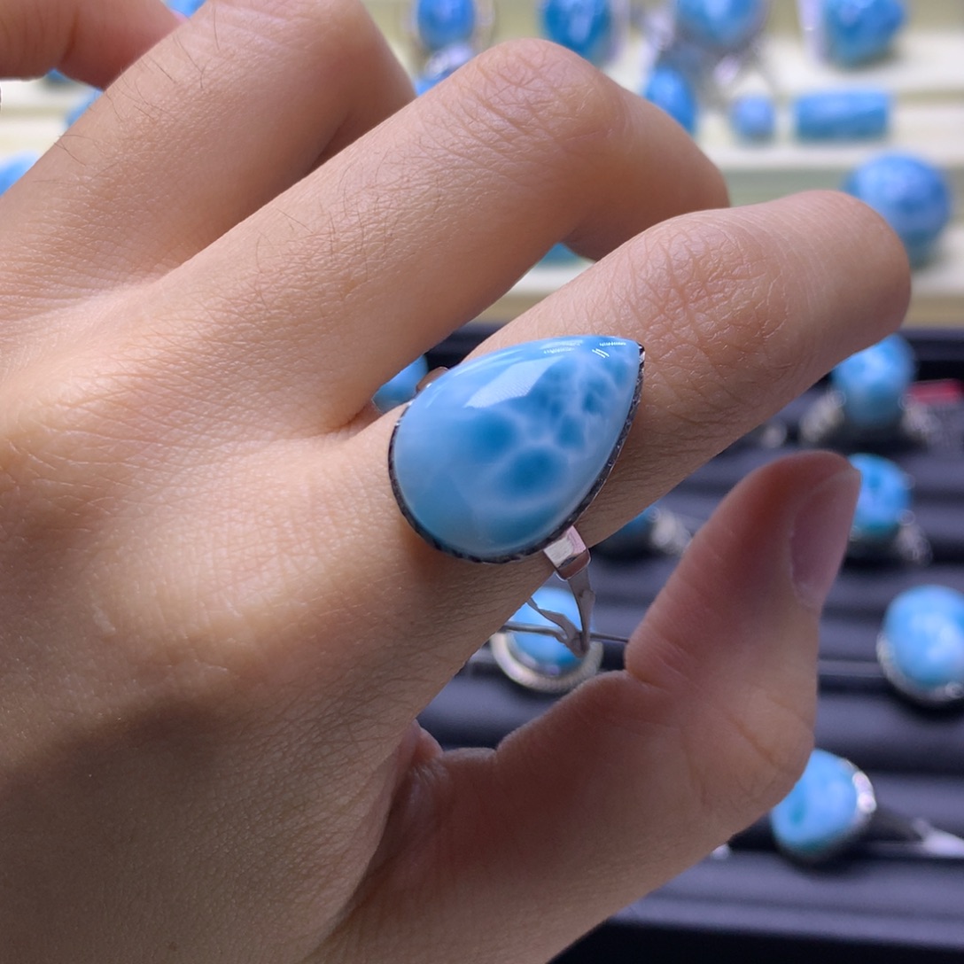针钠钙石（海纹石）银S925镶嵌戒指水滴戒指色差略异