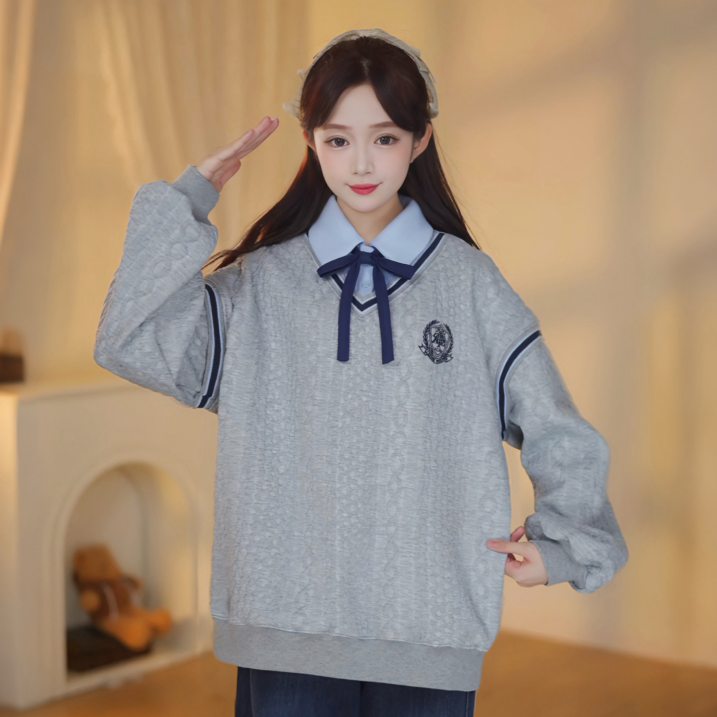 【初中生】卫衣女加绒麻花针织加厚冬季高中学生大童英伦学院风上衣
