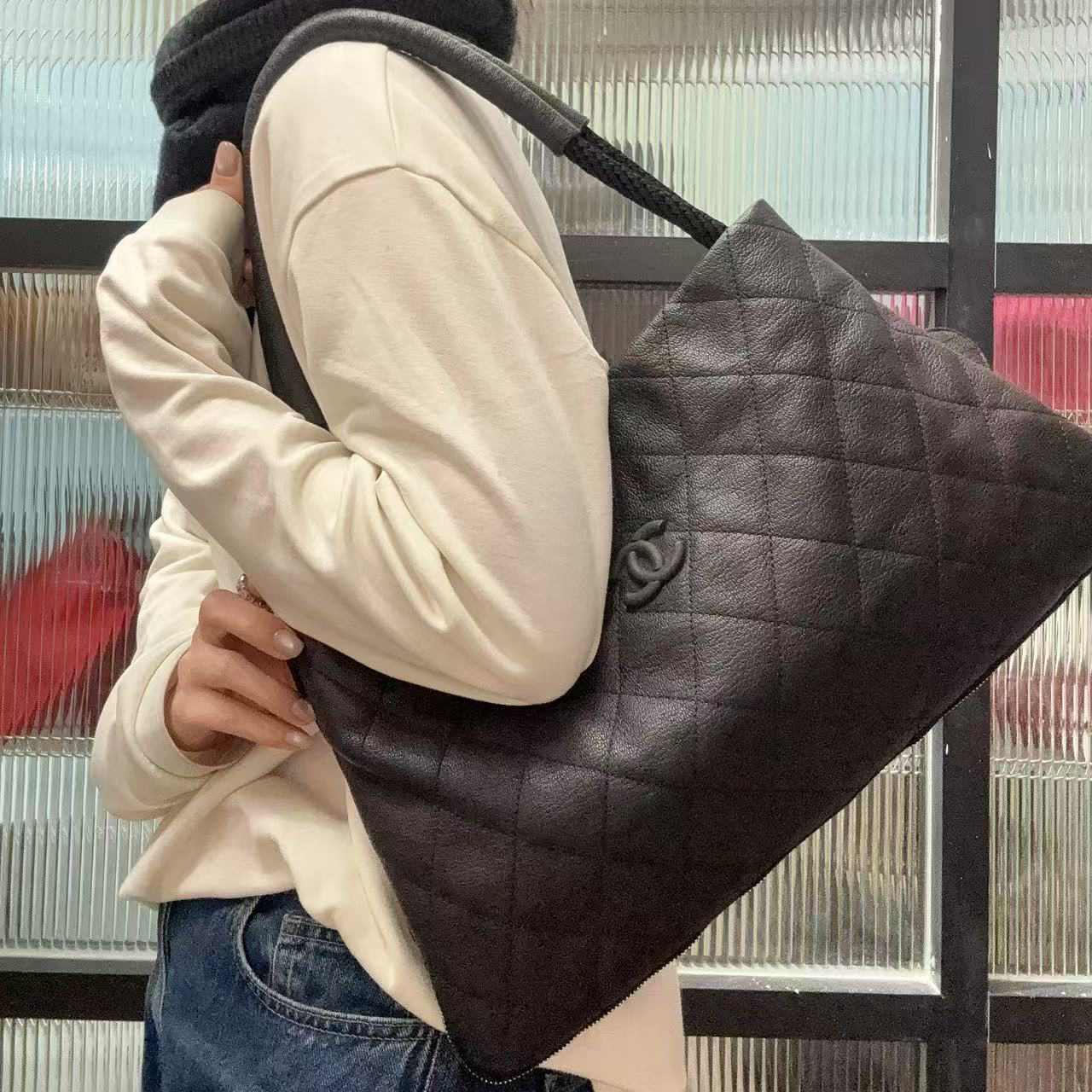 95新 Chanel/香奈儿 【蕾】9TC924 黑色菱格纹黑标单肩包