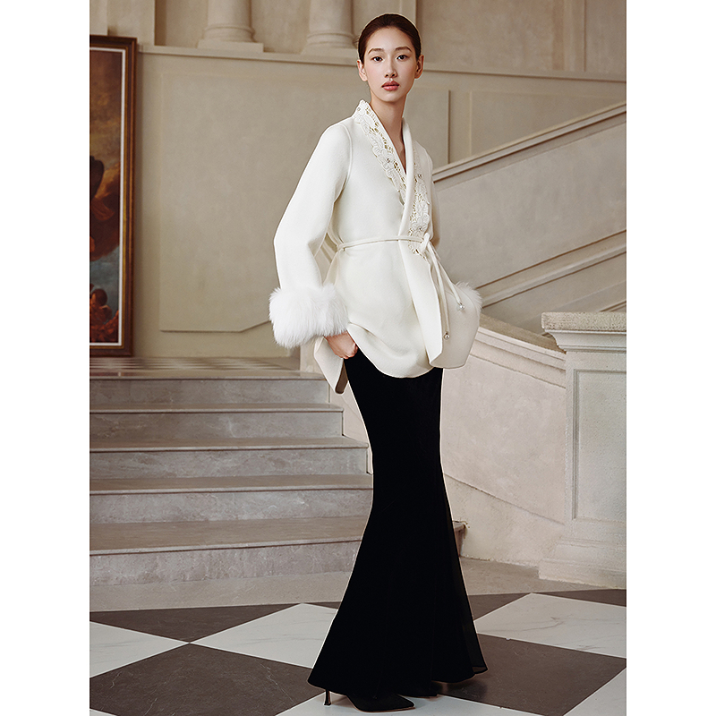 Song of Song歌中歌2025新款绵羊毛奶油白毛呢大衣外套5C65580160