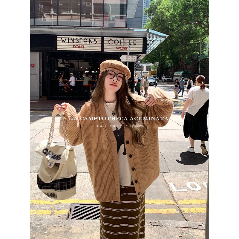 LUU桃喜儿/宽松针织开衫毛衣外套女秋冬设计感慵懒小众V领上衣