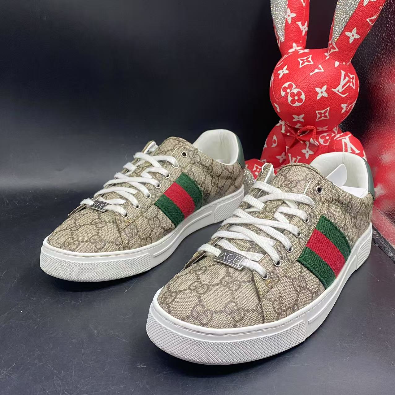 95新 GUCCI/古驰 【聚星优选】棕色ACE老花板鞋42码wdf944