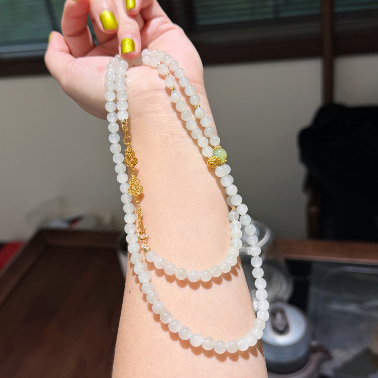 晴雪|新疆于田料6mm万能链吊坠链108颗多圈手串925银