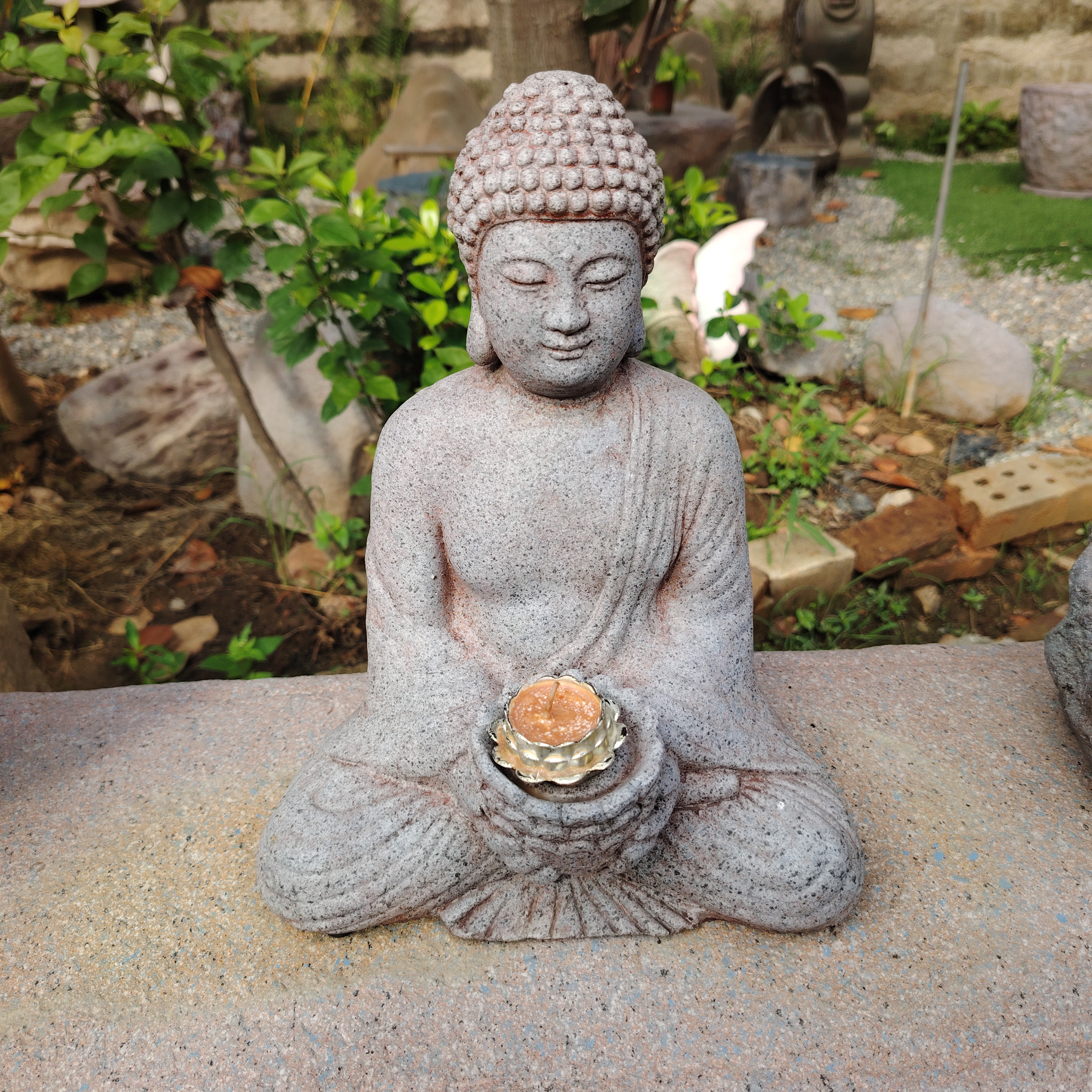 中式复古仿石禅坐抱烛灯禅意佛像摆件家居茶室空间庭院花园装饰