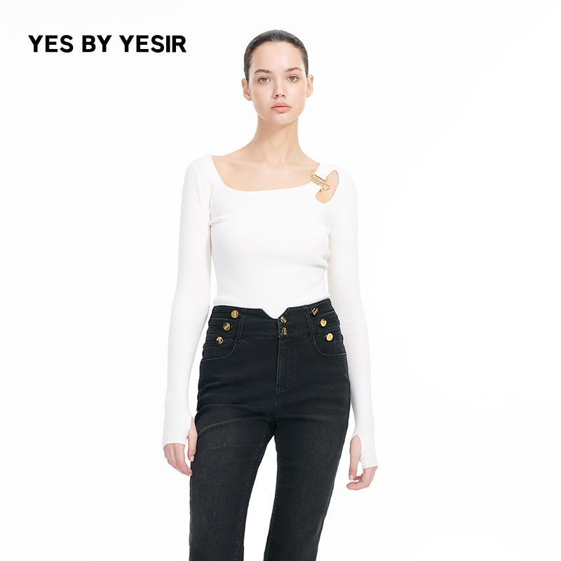 叶谦原创设计秋冬新款方领不规则绵羊毛针织套头衫 YDFLC22231