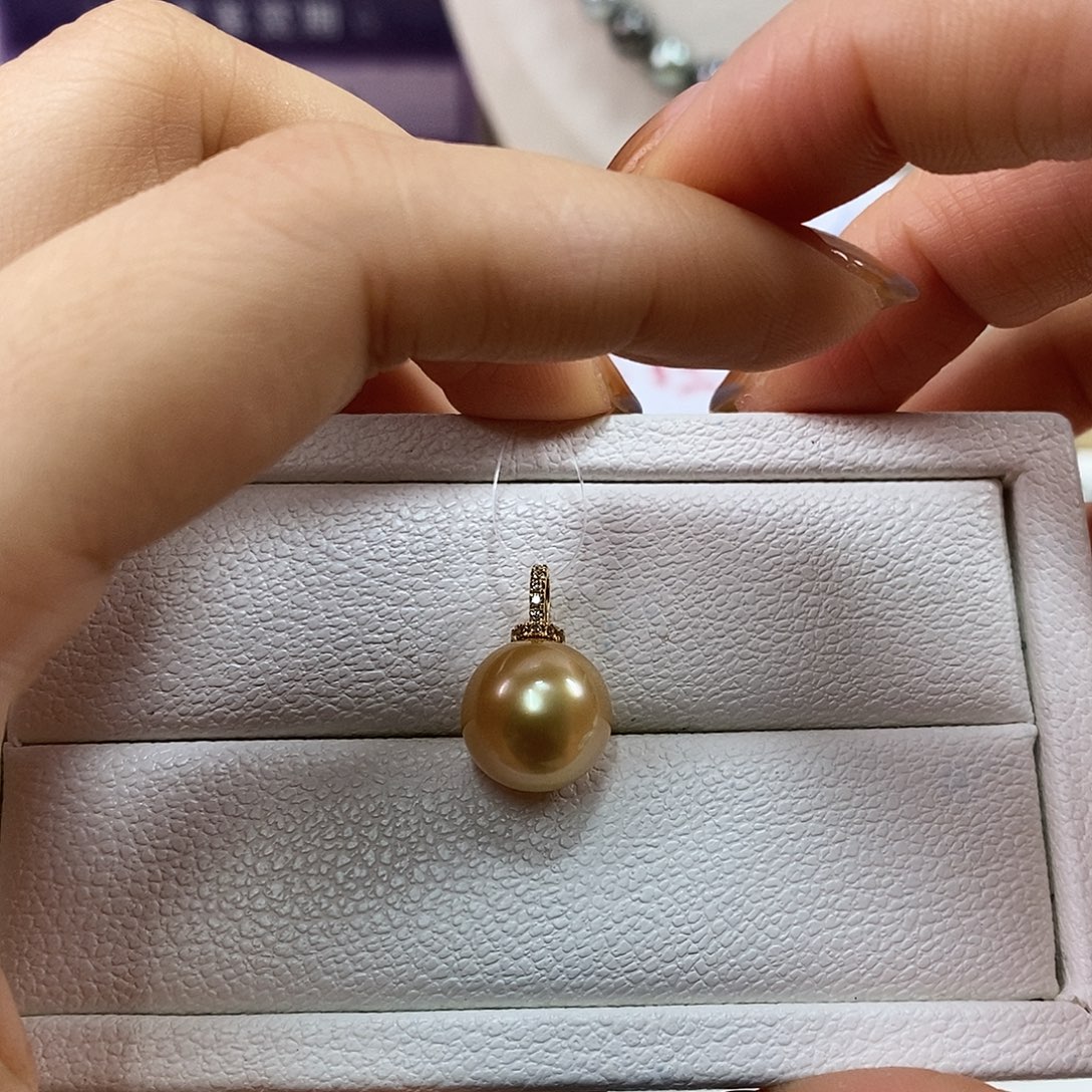 吊坠(不含链)海水珍珠18K金镶嵌12m南洋浓金珠吊坠（茶金）