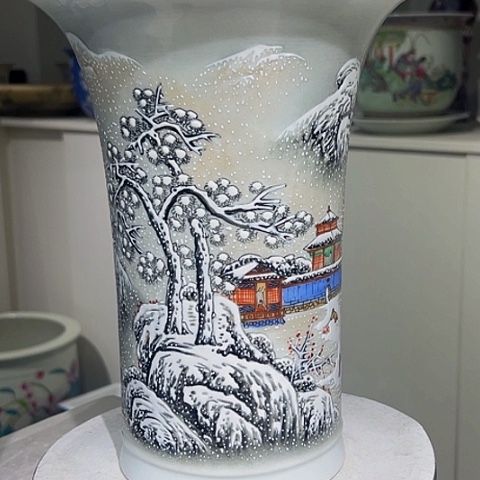 摆件救**伤雪景山水手工陶瓷