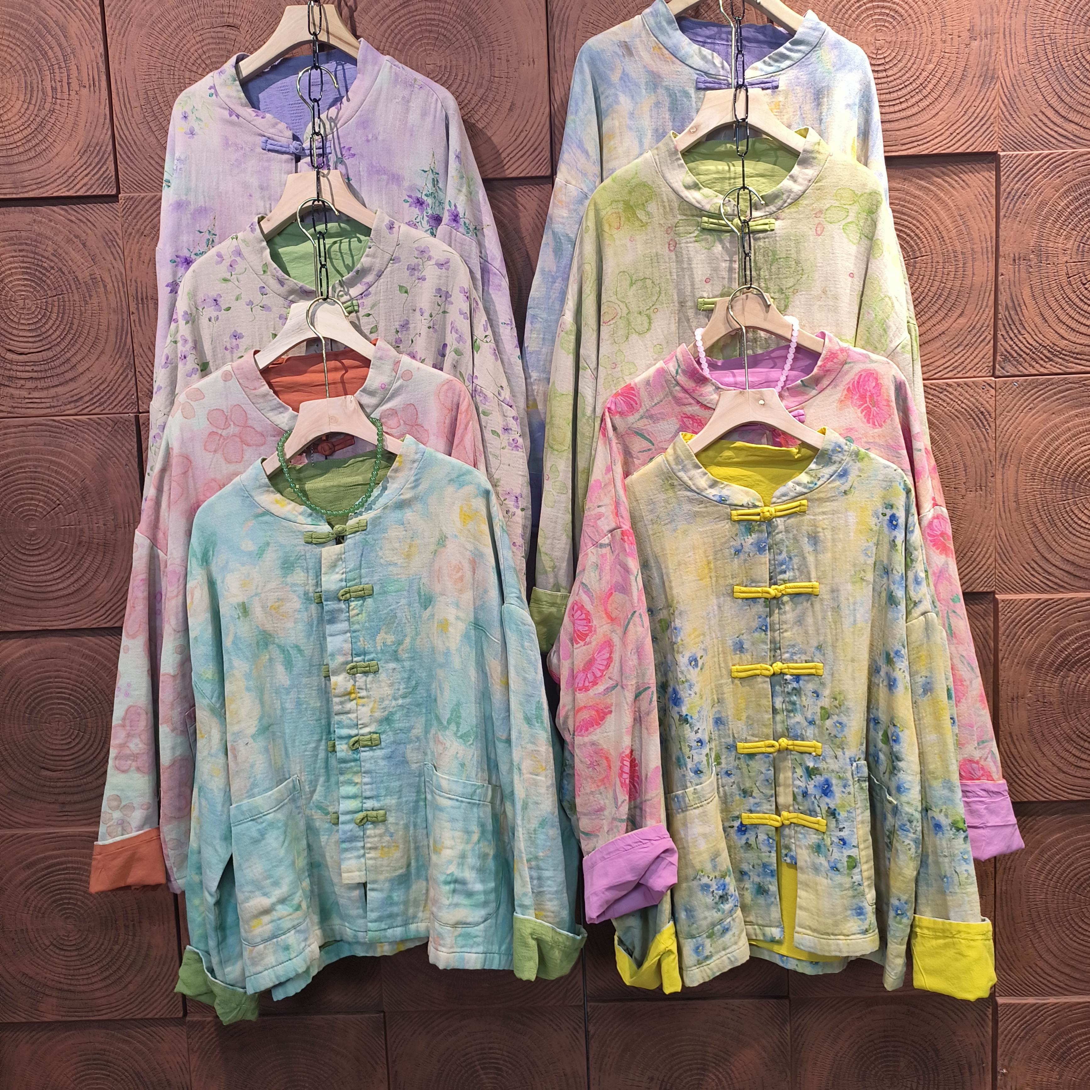 时尚单排扣短外套老钱风扎染新中式立领免烫中国风棉衣中式