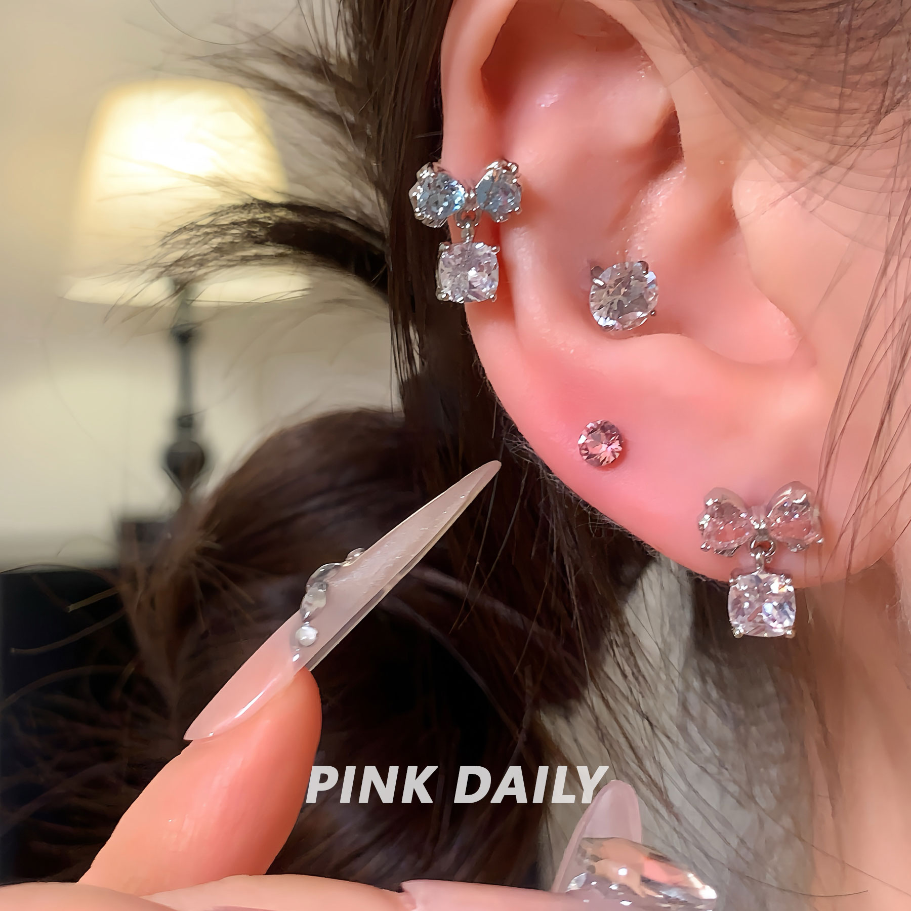 钛钢耳饰 Pink Daily蓝色锆石蝴蝶结吊坠钛钢耳钉女甜美精致